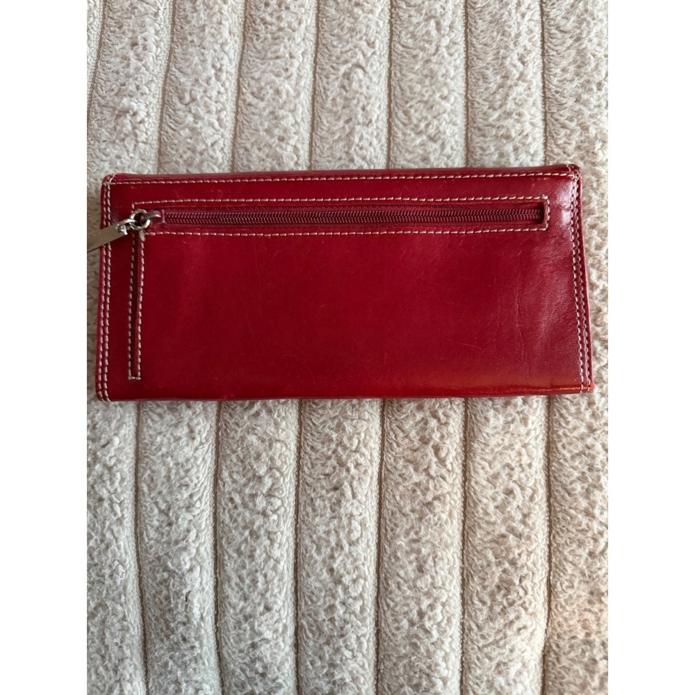 Kenneth Cole New York Red Leather Continental Trifold Wallet White Stitching - Picture 2 of 10